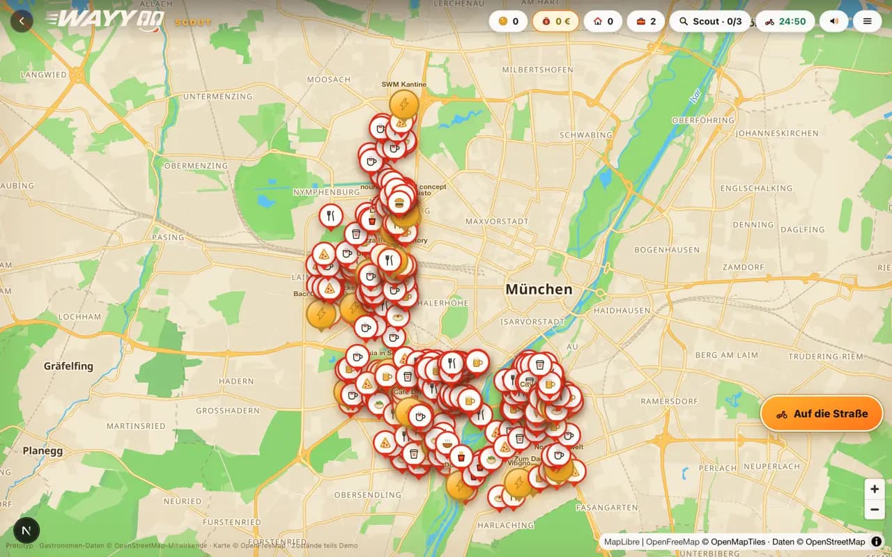 Die Karte in der App, hineingezoomt auf einen Stadtbereich: viele Lokale als Nadeln, die hellen sind schon bei WAYYOO
