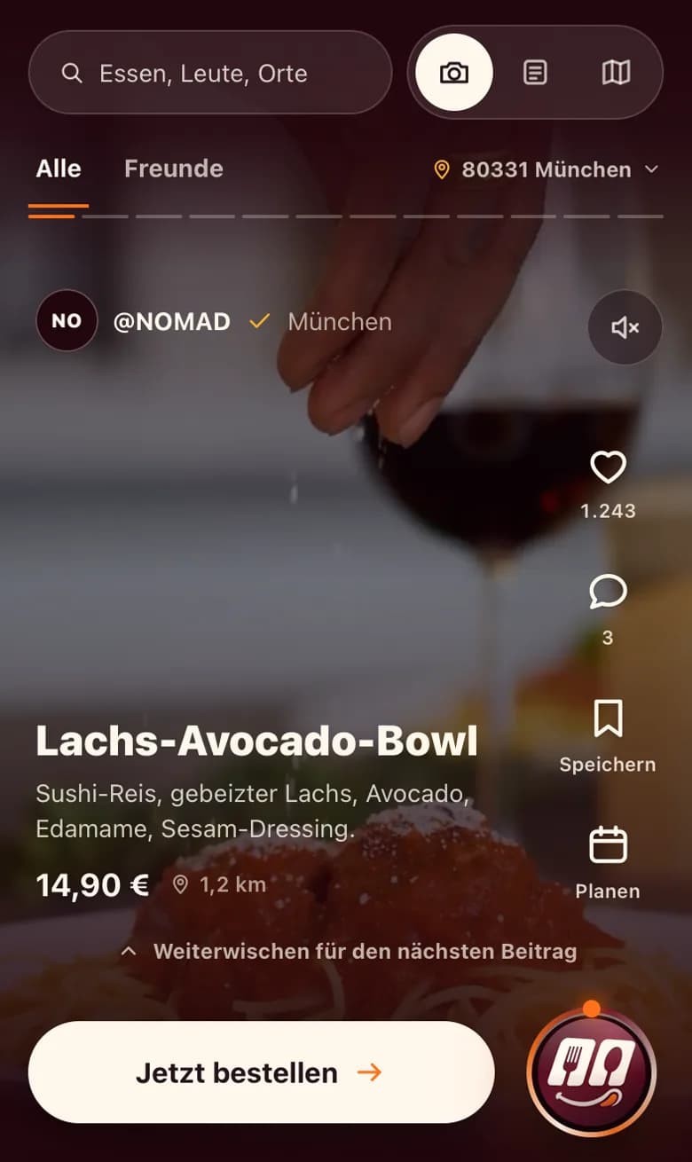 Der Strom in der App: ein Beitrag füllt den ganzen Bildschirm, an der Seite Herz, Kommentar und Speichern, unten der Knopf Jetzt bestellen
