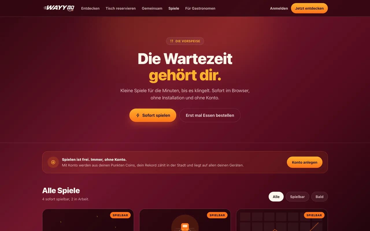 Die Vorspeise im Browser: die Übersicht mit dem Knopf Sofort spielen und den Spielen darunter.