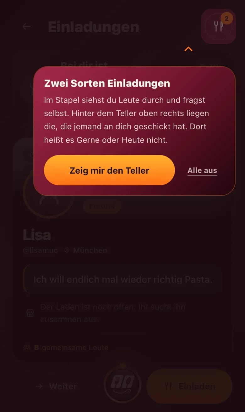 Die Seite Netzwerken: oben dein Stand mit drei Zahlen, darunter eine Personenkarte im Stapel mit den Knöpfen Weiter und Wie weiter.