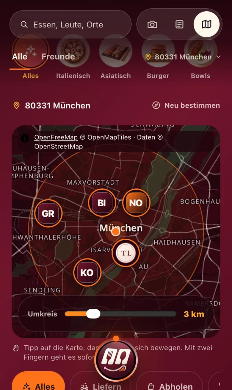 Die Ansicht Karte: oben die Suche und der Umschalter, darunter die Küchen zur Auswahl und der obere Rand der Karte.
