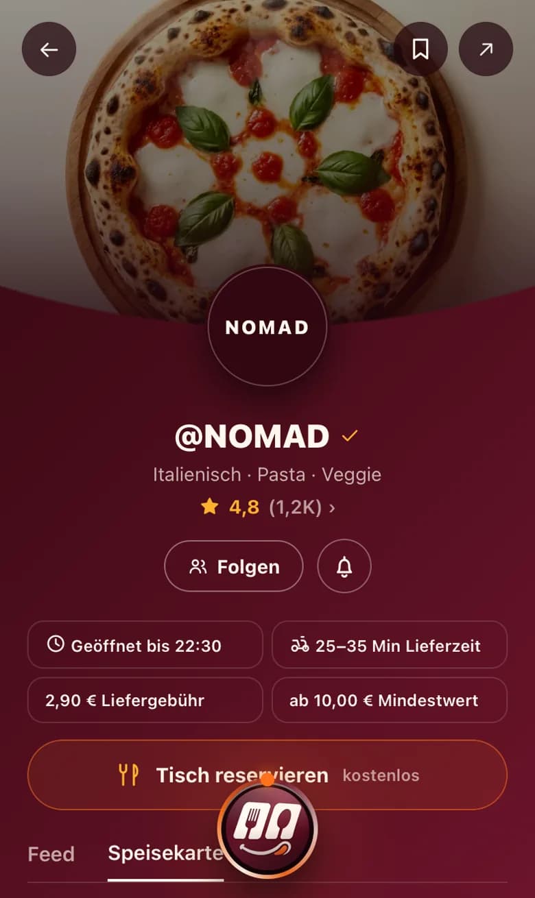 Die Seite eines Restaurants in der App mit eigenem Feed, Speisekarte und einem Knopf zum Folgen
