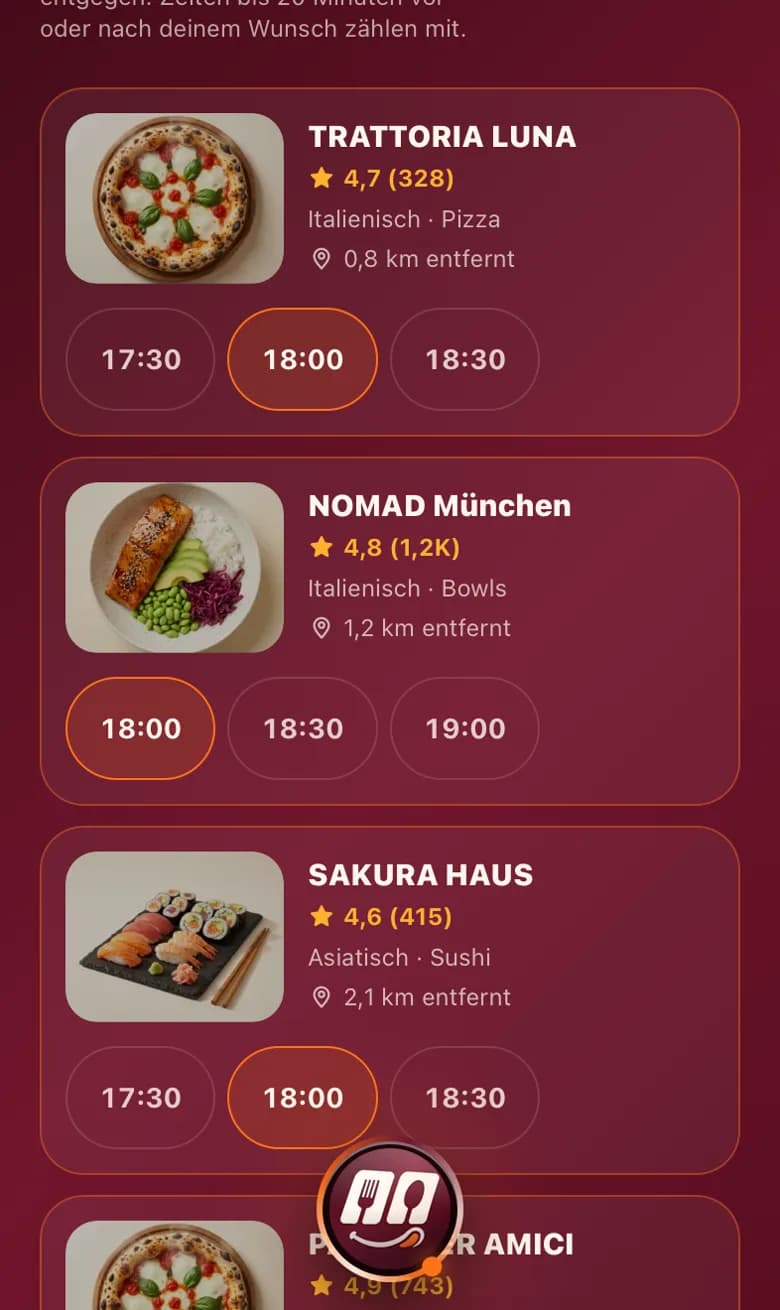 Die Tischsuche in der App: Tag, Uhrzeit und Personenzahl oben, darunter die Lokale mit ihren freien Zeiten