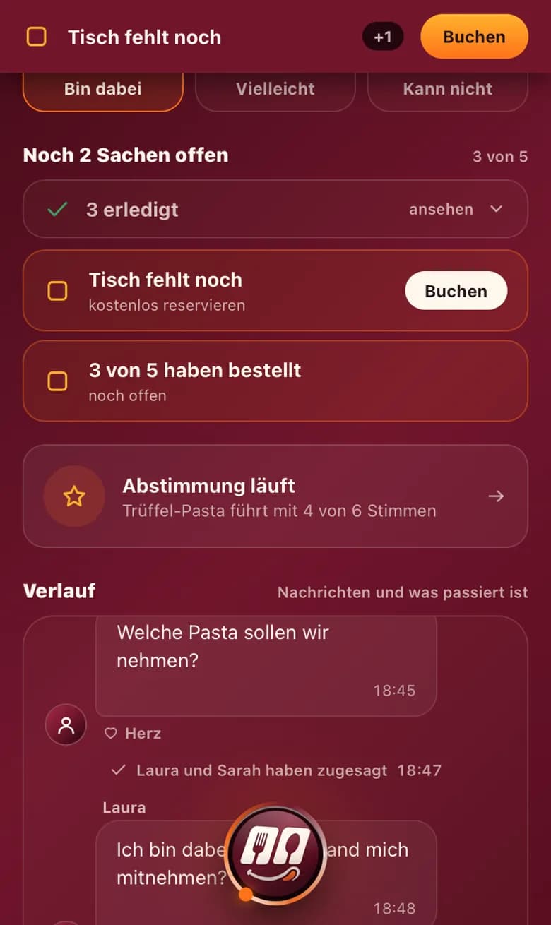 Ein gemeinsamer Plan in der App: Zusagen, offene Punkte, eine laufende Abstimmung über das Gericht und der Gruppenchat